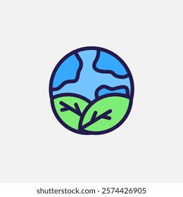 Go green globe earth and leaf icon flat, free energy, ecology, renewable and green energy concept. Outline and filled colourful icon.