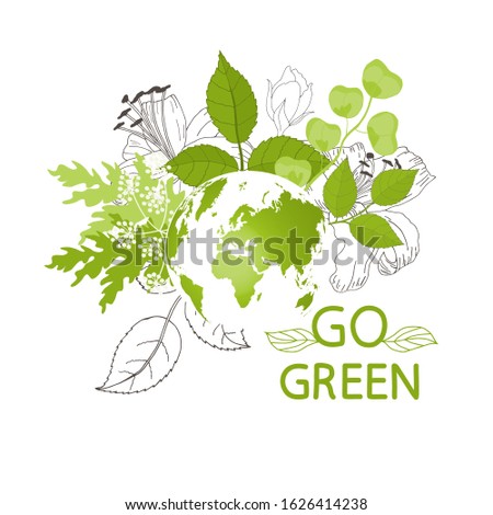 
Go green. Globe. Ecology theme Happy Earth Day flyer template with lettering. Bright fresh green leaves concept. Poster, card, label, banner design. Bright and stylish geometrical background. Vector.