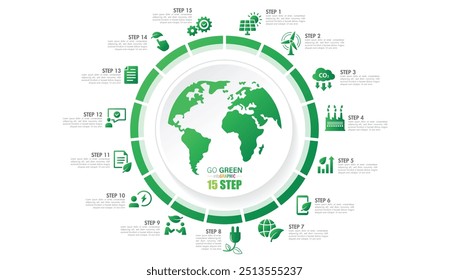 Go Green globe infographic pie charts with 10 to 15 steps