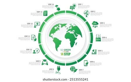 Go Gráficos de pastel de infografía de globo verde con 10 a 15 pasos