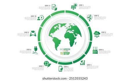 Go Green globe infographic pie charts with 10 to 15 steps