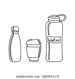 Go green hand drawn set of bottle, coffee mug and tea cup in vector, eco style, no plastic, farmer market concept. Ecology friendly shopping. Vector illustration