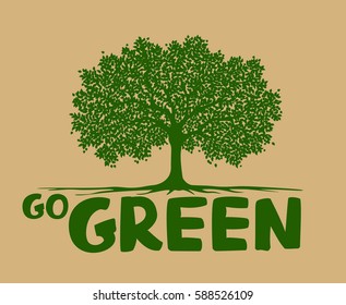 Go green hand drawn text with green tree silhouette eco graphic