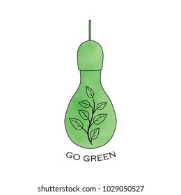 Go green. Hand drawn Watercolor Eco Energy Concept with lightbulb and foliage. Ecology logo