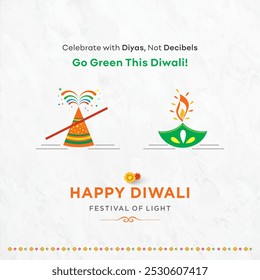 Seja ecológico. Feliz Diwali. Post de mídia social criativa. Ecológico, Verde, natureza, Sem ruído, Sem poluição