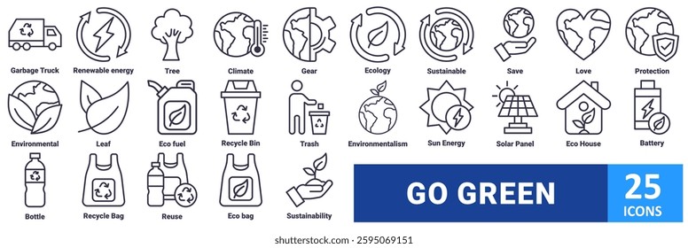 Go Green icon set. with icon garbage truck, renewable energy, tree, climate, gear, ecology, sustainable, save the world, love, environmental protection, environmental, leaf, eco fuel, recycle bin