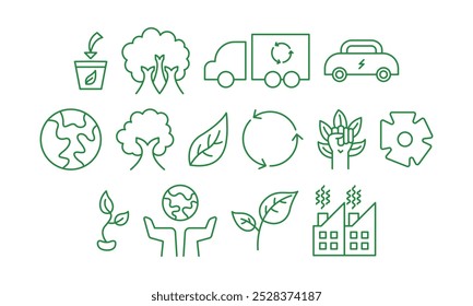 Go green icon set. Trees, dump truck, recycle, electric car, earth, pollution, and leaf icons collection.