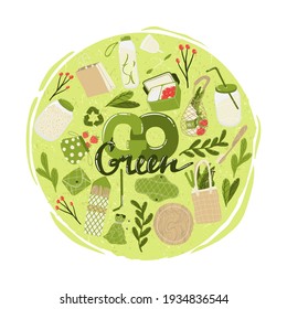 Go green lettering print vector illustration. Zero waste lifestyle motivation slogan. Environmental ecological phrase. Hand drawn quote design for shopping bags, t-shirts, apparel or posters