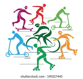 Go green go in line scooter bike Vector background with people riding bike, scooter, in line skate.  