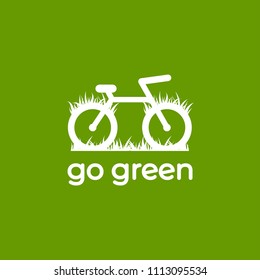 Go green logo. bicycle with grass. Flat bike logo isolated on green. Vector illustration. Ecology card. Healthy journey. Ecology. Go green.