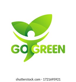 Go Green logo emblem with green human silhouette - eco-friendly environmental protection organization - isolated vector eco icon, sticker