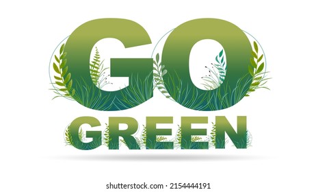 GO GREEN logo with leaves, twigs, grass. Vector.