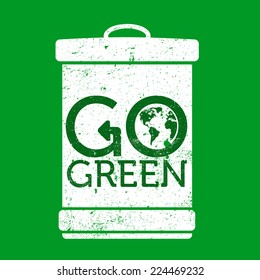 Go green logo on trashcan, grunge, vector illustration