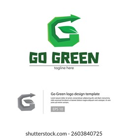 Go Green logo template with a G initial that combined wih leaf and arrow shape.
