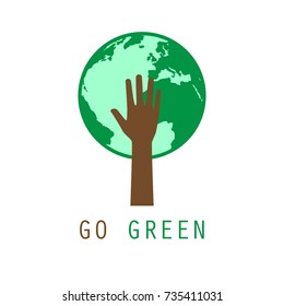 Go green logo vector graphic design. Hand as tree trunk and stem. The world as leaves. Environment conservation concept.
