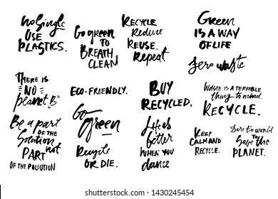 Go green. No single use plastics. Zero waste lettering quotes set. Hand lettering illustration for your design