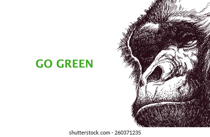 Vamos verde. Afiche con cabeza de gorila. Ilustración vectorial.