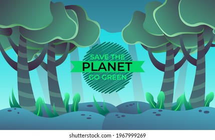 Go green poster with  a live beautiful green jungle with lots of trees, flowers and plants, go green background