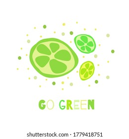 Cita de "Vamos verde". Tarjeta extraída a mano con una imagen divertida en rodajas de lima