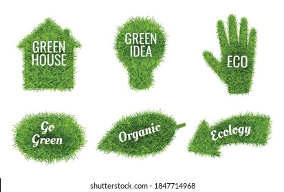 Go green realistic ecological grass covered sustainable house leaf arrow light bulb hand symbols set vector illustration