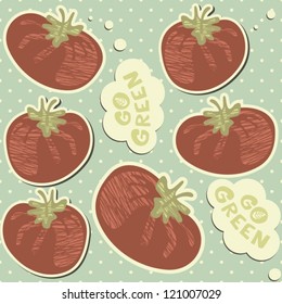 go green retro tomatoes on polka dots seamless pattern with blue background