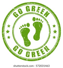 Go green rubber vector stamp isolated on white background. Think green, save Earth concept.