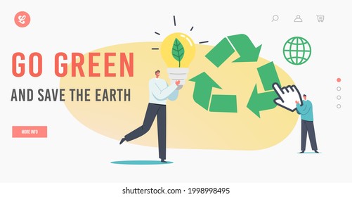Go Green and Save the Earth Landing Page Template. Tiny Businessman Character with Light Bulb and Green Leaf inside, Man Click on Recycling Sign. Ecology Refresh and Renew. Cartoon Vector Illustration
