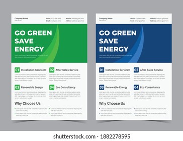 Go Green Save Energy Flyer, Solar Energy Flyer, A4, Vector.