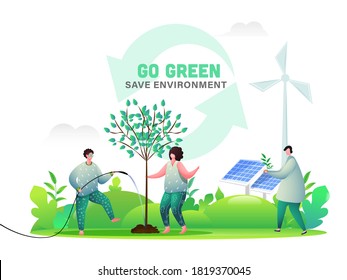 Go Green & Save Environment Concept with Illustration of People Gardening, Solar Panel and Windmills on Nature Background.
