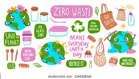 Go green! Save the planet! Zero waste. Earth Day. Hand drawn cute planet Earth and various eco objects. Hand drawn colored vector set. All elements are isolated