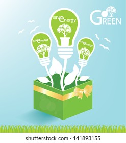 Go green. Save world. Green gift box. vector illustration.