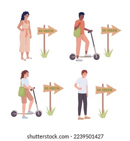 Go green semi flat color vector characters set. Editable figures. Full body people on white. Simple cartoon style illustrations pack for web graphic design and animation. Nerko One Regular font used