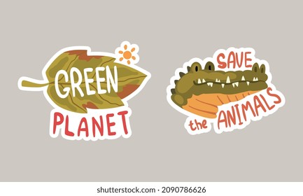 Go Green Sticker with Crocodile and Green Leaf Vector Set