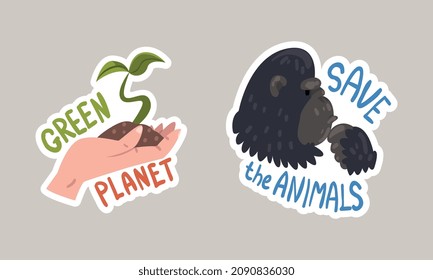 Go Green Sticker with Hand Holding Green Sapling in Soil and Gorilla Vector Set