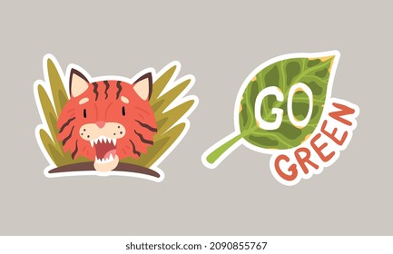 Go Green Sticker with Tiger in Bush and Green Leaf Vector Set