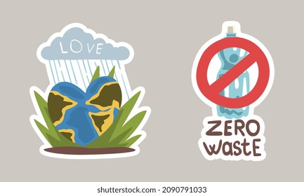 Go Green Sticker with Zero Waste Emblem and Heart Globe in Green Grass Vector Set