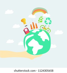 Go green symbol of footprint with icons of saving energy and recycling signs, light bulbs, leaves, trees, plants, solar panel, bio fuel,Environment Eco friendly lifestyle concept. Go green eco poster.