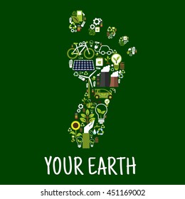 Go green symbol of footprint with icons of saving energy and recycling signs, light bulbs, leaves, trees, flowers, plants, solar panel, wind turbine, bio fuel, paper bags and batteries. Environment