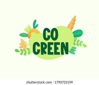 Vayan Texto verde y etiqueta de flores en blanco. Plantilla de diseño de vectores de placa de verano de primavera ecológica. 