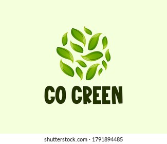 Go Green text label with green leaves. Ecological spring summer badge vector design template.