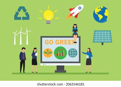Go green vector concept. Group of people discussing alternative energy project while saving earth from global warming