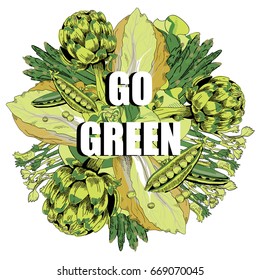 Go green. Vector illustration of green vegetables in the round shape.