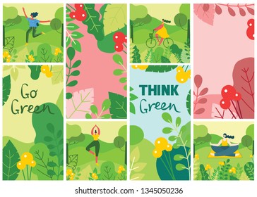 Go green. Vector Nature ECO background with different people, couple doing activities, yoga, sport, walking and have a rest outdoor, in the forest and park in the flat style 