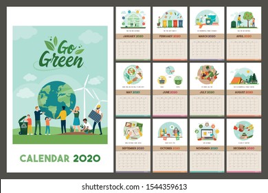 Go green wall calendar 2020 with eco friendly tips and advices for a sustainable zero waste living, grid planner with recycled paper texture