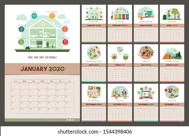 Go green wall calendar 2020 with eco friendly tips and advices for a sustainable zero waste living, grid planner with recycled paper texture