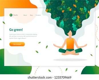 Go green!  Web banner design template. Girl floating in the air in a lotus position. Leaves are woven into her hair. The concept of ecology. Flat vector illustration.