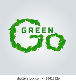 Go green world. Ecology saving slogan. Save planet symbol. Cartoon fancy letters from leaf. Environmental problem control and nature saving concept. Eco friendly icon. Vector Bio banner background.