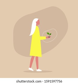 Go green, young female character holding a plant in their hand, sustainability and responsibility, eco friendly behaviour