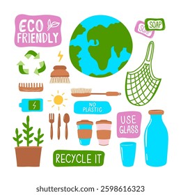 Go Green – Zero Waste! Hand-Drawn Eco Objects and Reusable Items for a Sustainable Lifestyle. No Plastic, Save the Planet