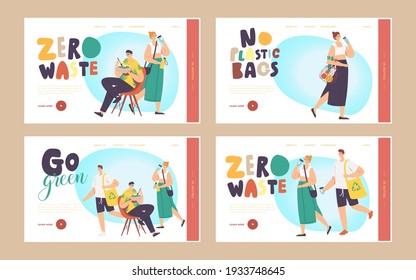 Go Green, Zero Waste Landing Page Template Set. People Visit Shop with Reusable Eco Bags. Characters Use Ecological Recycling Packing for Food, Environment Protection. Cartoon Vector Illustration